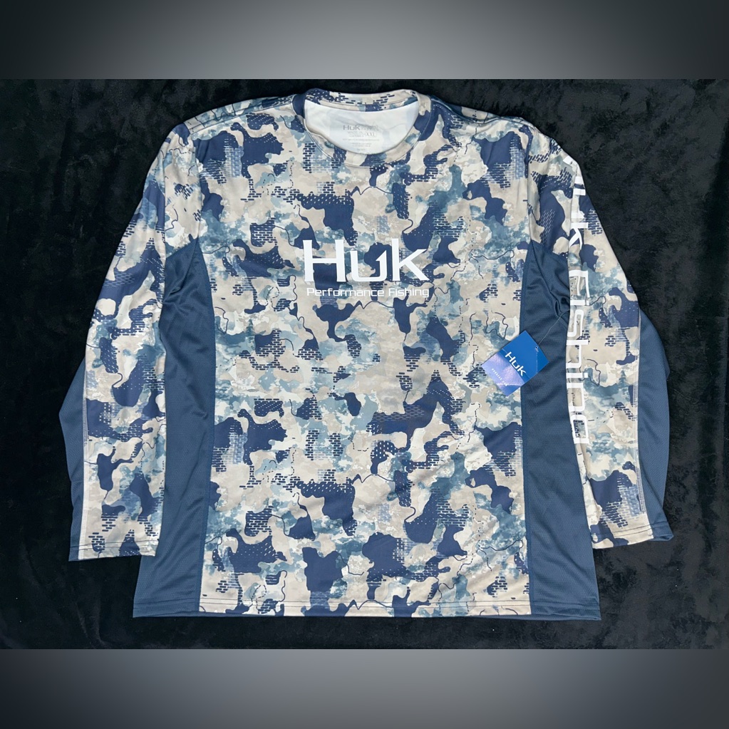 Huk Icon X Refraction Mens 2xl Blue Camo Performance Fishing Shirt Vented Nwt